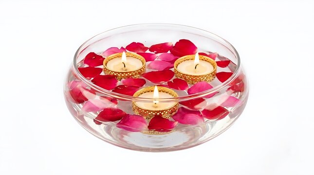 Floating candles and red rose petals in a clear glass bowl filled with water, isolated on a white background, top view decoration for festivals like Diwali or romance, wellness spa concept.