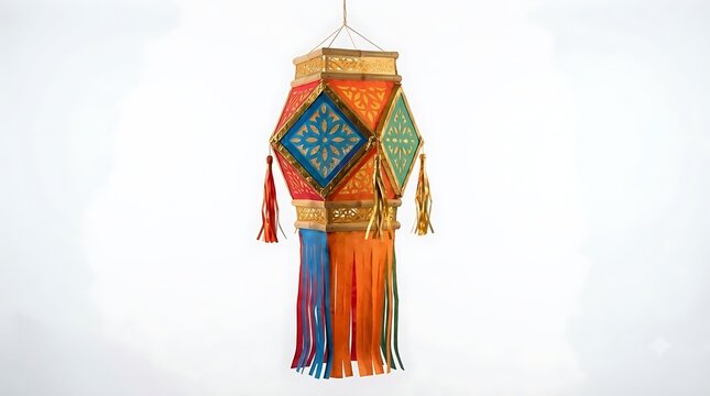 Traditional Indian decorative Diwali lantern or Akash Kandil hanging on a white background, symbolizing the festival of lights