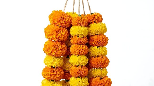 A bunch of vibrant yellow and orange marigold flowers (Tagetes) hanging against a white background, traditionally used for decoration during Indian festivals like Diwali and weddings.