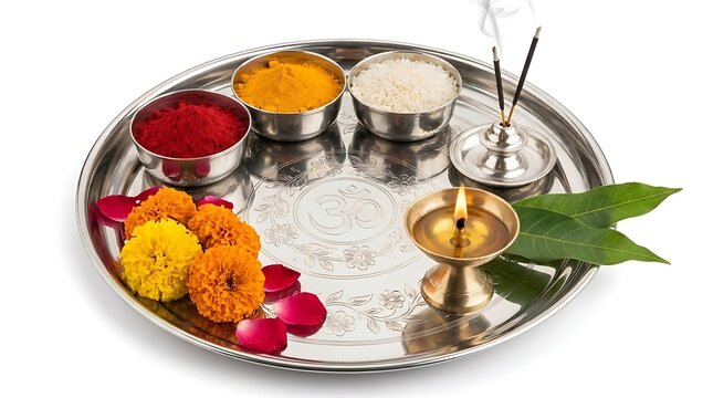 Hindu puja thali with lit oil lamp, marigold flowers, kumkum, turmeric powder, rice, and incense sticks on a white background for prayer, worship, Diwali, and spiritual rituals