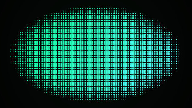 Vertical lines of glowing cyan dots forming an oval shape on a dark black background, creating a digital light effect with a central focus isolated on a transparent background
