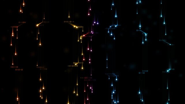 Neon Digital Circuit Lines Falling with Glowing Data Nodes for Futuristic Technology Motion Graphics