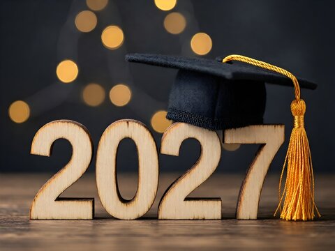 Graduation concept with wooden number 2027 and black mortarboard cap decorated with red tassel on wooden desk with golden bokeh background.