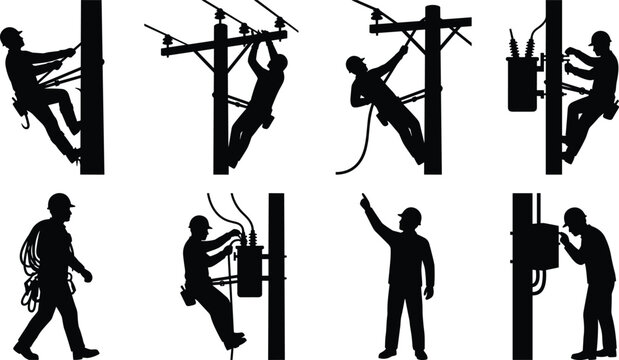 Black silhouette icons set of linemen and power line technicians working isolated on white
