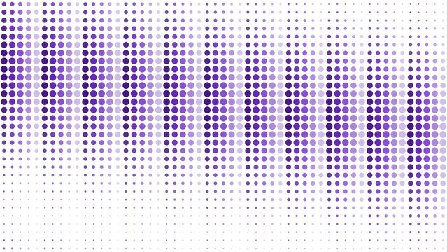 Vertical stripes of purple and white halftone dots on a black background, creating a rhythmic pattern of light and dark gradient circles isolated on a transparent background