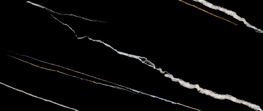 Black marble texture background with striking white and gold streak veins on deep glossy surface for luxury design