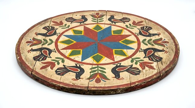 Vintage Hand-Painted Wooden Round Tray with Folk Art Hex Sign Barn Star and Bird Motifs on White Background