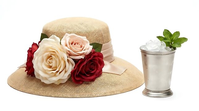 Kentucky Derby 150 Mint Julep cocktail in a silver julep cup next to a stylish straw hat decorated with pink and white roses against a white background