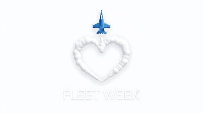 Minimalist digital illustration of a blue jet plane drawing a white smoke heart shape on a clean white background with Fleet Week text below, perfect for aviation, love, and celebration concepts.
