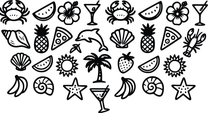 Tropical summer vector graphic illustration featuring various black ink icons like crabs shells pineapples palm trees and refreshing cocktails designs