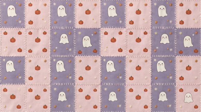 Cute seamless pattern with ghosts and pumpkins, halloween patchwork quilt design, vector texture
