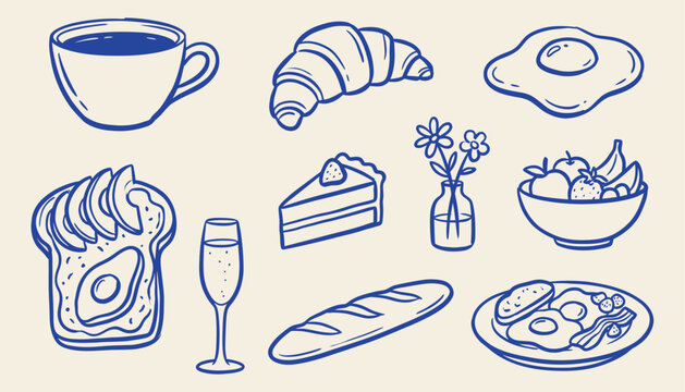 Breakfast and brunch doodle set with coffee cup croissant fried egg avocado toast cake and fruit bowl line art