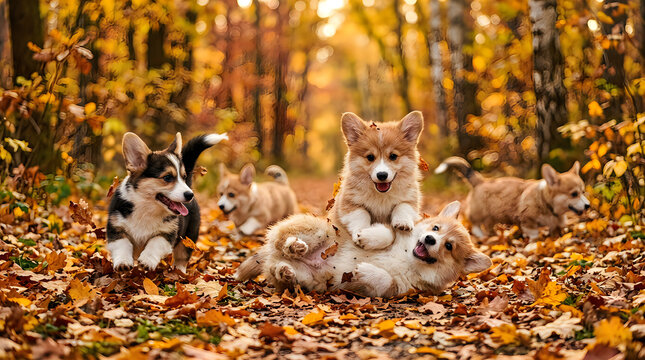 Two adorable dogs enjoying the colorful beauty of a crisp autumn day