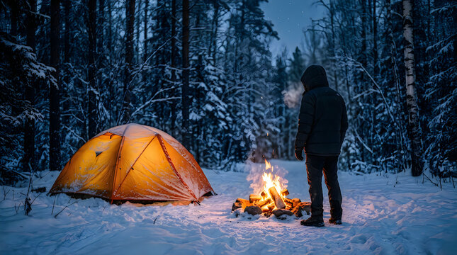 A solitary camper enjoys the quiet beauty of the first day of winter