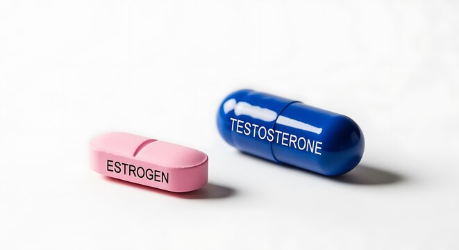 Pills Labeled Estrogen and Testosterone Symbolizing Hormonal Therapy