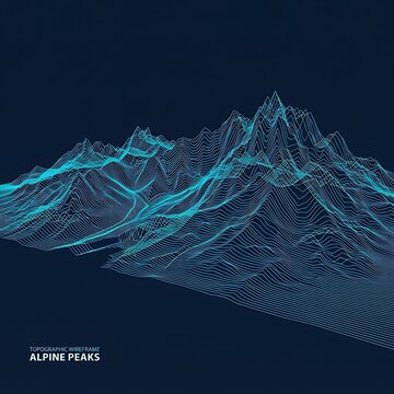 Digital wireframe mountain range illustration with blue glowing data points