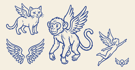 Fototapeta premium Mythical winged creatures line art doodle set with flying cat monkey and angel vector illustration