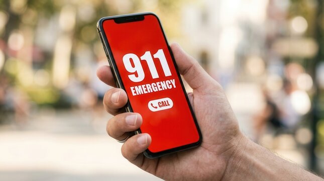 A hand holding a smartphone displaying a 911 emergency call screen.