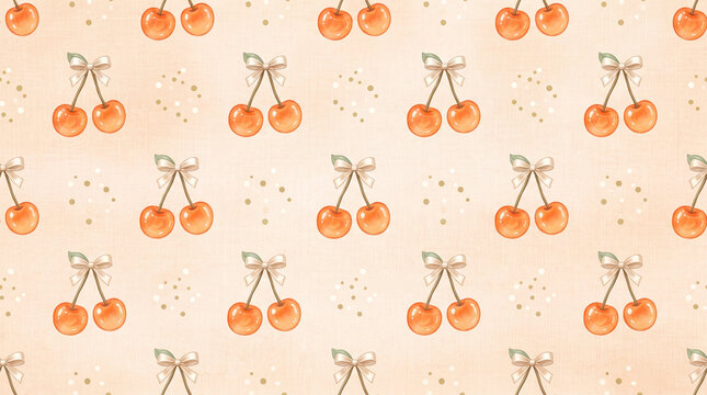 Seamless pattern with cute orange cherries with bows on a soft peach background
