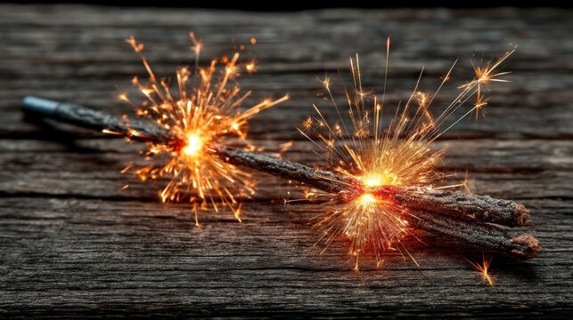 Close-up of two sparklers ablaze on a rustic wooden surface, producing bright sparks