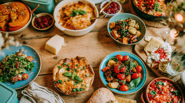 A vibrant Friendsgiving potluck table features homemade dishes like pumpkin pie and roasted vegetables. Abundant food fills mismatched containers in warm daylight, perfect for gatherings.