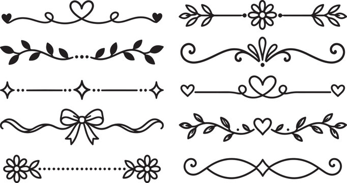 Black floral ornamental divider collection with hearts, leaves, flowers, ribbons and decorative swirls. Concept of love, elegance, wedding and celebration