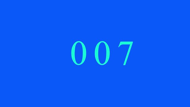 Cyan number 007 counting up on a solid blue background for digital motion graphics