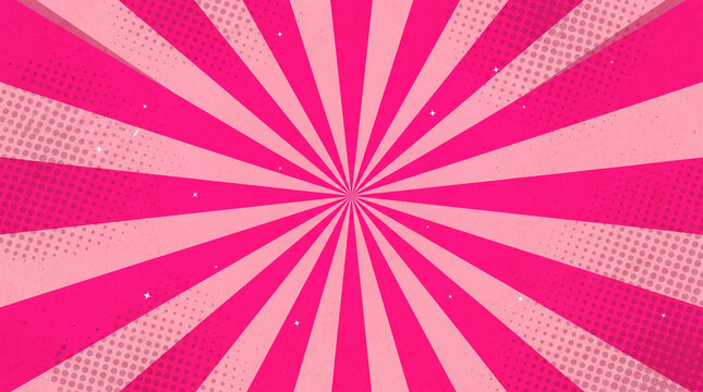 Retro comic book background with pink sunburst rays and halftone dot pattern vector illustration
