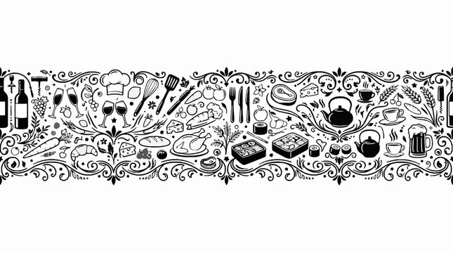 Seamless horizontal border featuring black icons of food and kitchenware arranged in decorative ornate patterns