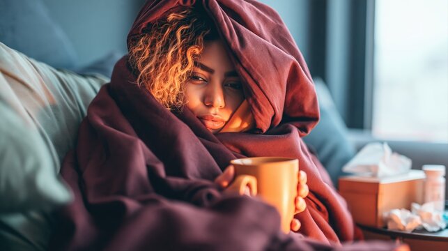 A young woman with a mild cold wrapped in a plum blanket relaxes on a sofa. She holds a warm mug in a calm home, surrounded by tissues and medicine.