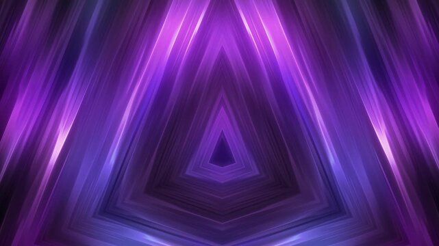 Glowing purple and violet triangular frames form a futuristic tunnel with luminous streaks and deep perspective. Abstract geometric animation for VJ visuals, stage screens, and music backdrops.