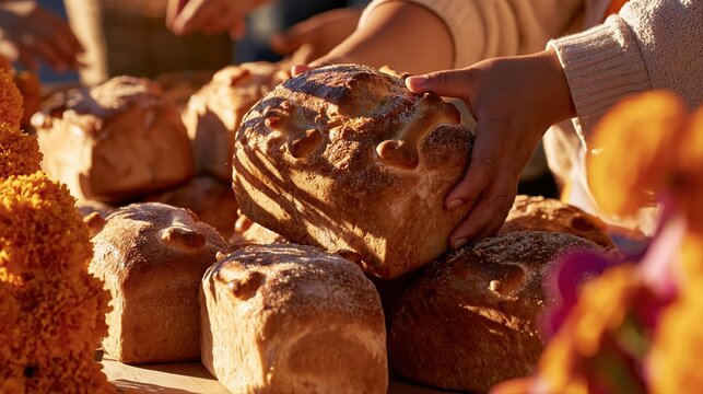 Photorealistic pan de muerto loaves with traditional sugar and bone-shaped decorations on a street vendor's table. 