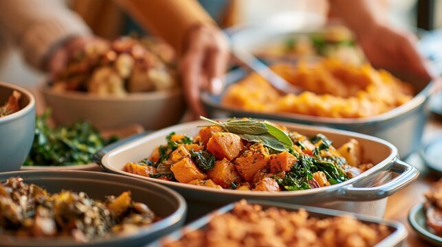 Vibrant Friendsgiving buffet with homemade dishes set by young adults. Warm lighting and a communal potluck create a festive, authentic dinner party scene.