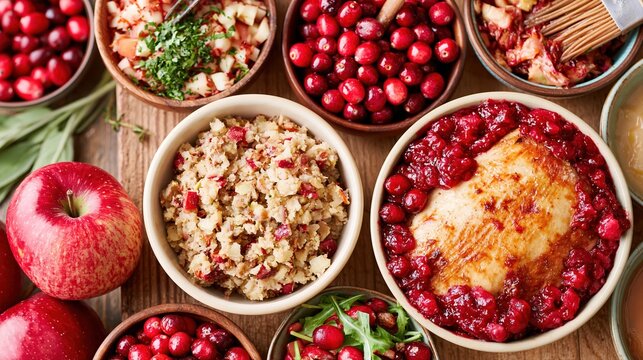 Vibrant Friendsgiving meal prep with apples, cranberries, stuffing, and salads on wood island. A photorealistic overhead captures authentic kitchen warmth and festive flavors.