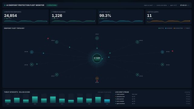 Ai endpoint protection fleet monitor dashboard for threat intercepts network topology, for cybersecurity, data privacy, cloud computing, server security, system analysis