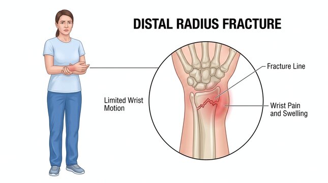 Illustration of a woman experiencing wrist pain and limited motion due to a distal radius fracture