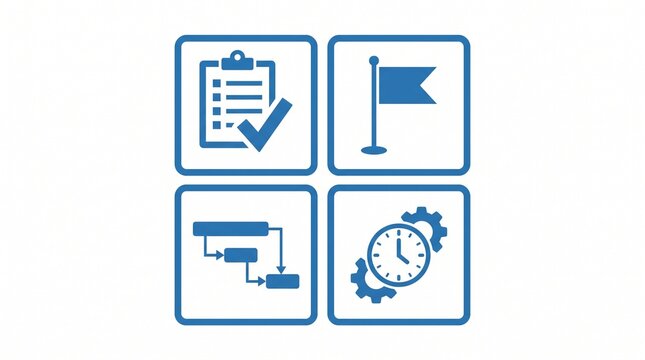 Project management icons set checklist, flag, flowchart, and clock with gears for planning and workflow