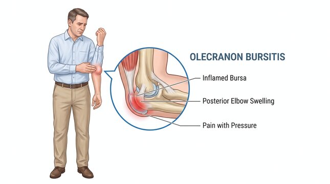 Illustration of a man with olecranon bursitis showing elbow joint anatomy and symptoms