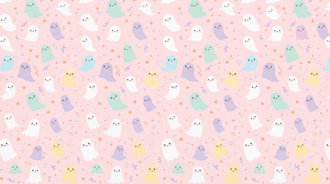 Cute colorful ghosts seamless pattern background, vector illustration