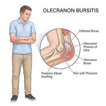 Male shows olecranon bursitis inflamed elbow bursa posterior swelling and pain with pressure