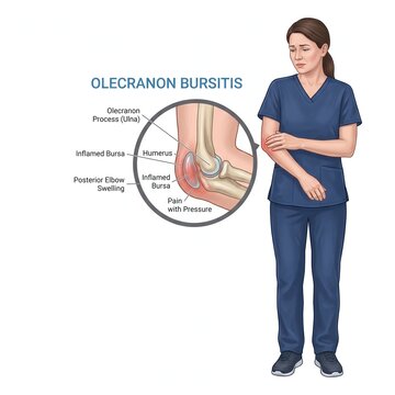 Woman experiencing elbow pain due to olecranon bursitis with anatomical illustration detailing inflammation and swelling