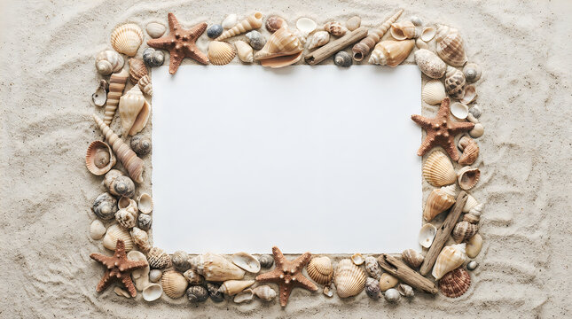 A beautiful seashell frame resting upon a textured gray surface winter scene