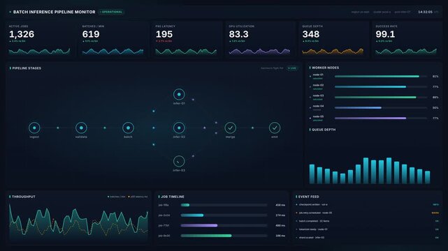Batch inference pipeline monitor dashboard for active jobs, batches, latency, worker nodes metrics, for cloud computing, big data processing, analytics, software performance