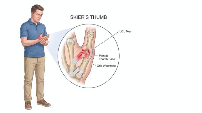 Skier&rsquo;s Thumb Infographic with UCL Tear and Thumb Base Pain in Full Body Male Patient