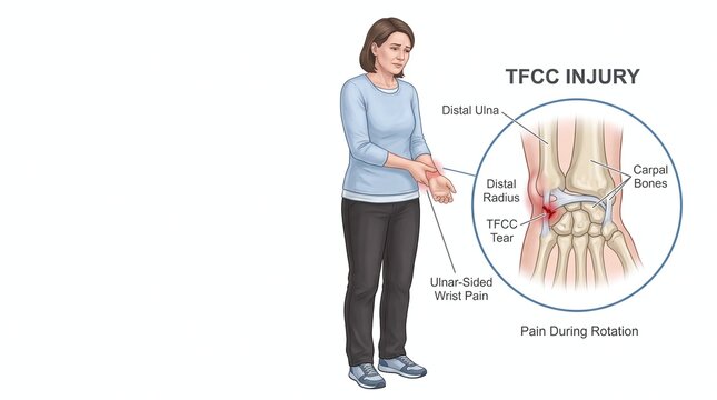 Woman experiencing ulnar sided wrist pain due to TFCC tear anatomy illustrated