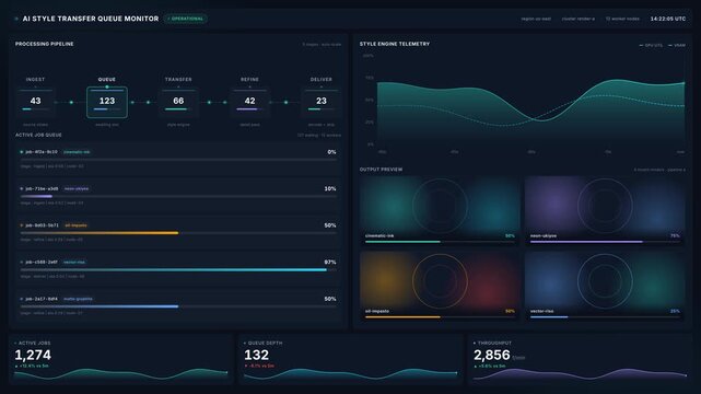 Ai style transfer queue monitor dashboard for processing pipeline metrics telemetry, for artificial intelligence workflow management, data analytics, software development,