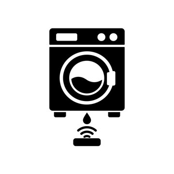 Washing machine leak sensor for smart home water damage prevention concept, wireless laundry safety glyph icon vector