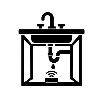 Water leak sensor under sink for smart home plumbing protection and early leak detection concept, wireless sensor glyph icon vector
