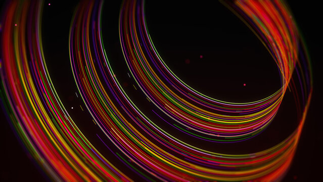 Colorful 3D light trails flow through sweeping curves and layered perspective, creating a luminous futuristic abstract background for technology, digital innovation, motion, and creative projects.