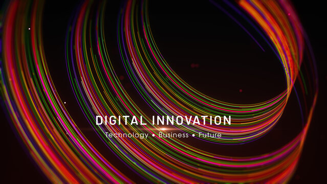 Colorful 3D swirling light trails frame a clean central space with DIGITAL INNOVATION text and a Technology, Business, Future subtitle for corporate presentations and technology themes.